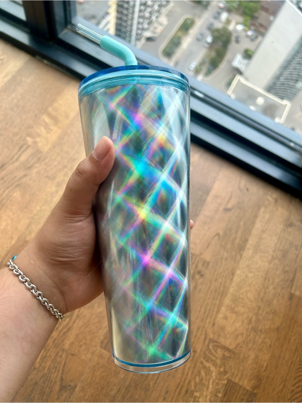 Starbucks Iridescent Holographic Tumbler with Blue Lid and Straw 24oz